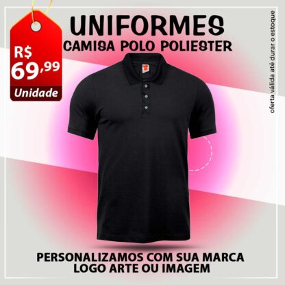 Camiseta Polo Preta com Punho na Manga estampada com sua Logo – Marca – Arte ou Imagem 100% Poliéster