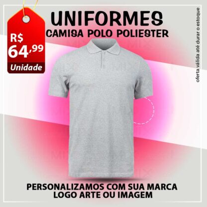 Camiseta Polo cinza mesclada com estampada com sua Logo – Marca – Arte ou Imagem 100% Poliéster