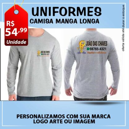 Camisa uniforme manga longa cinza estampada com sua Logo - Marca - Arte ou Imagem