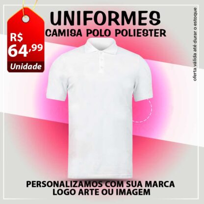 Camiseta Polo branca com estampada com sua Logo – Marca – Arte ou Imagem 100% Poliéster